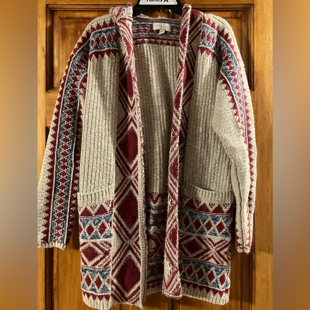 Lucky Brand Women's Cardigan Tribal Aztec Oatmeal, Red and Blue Pockets Hood